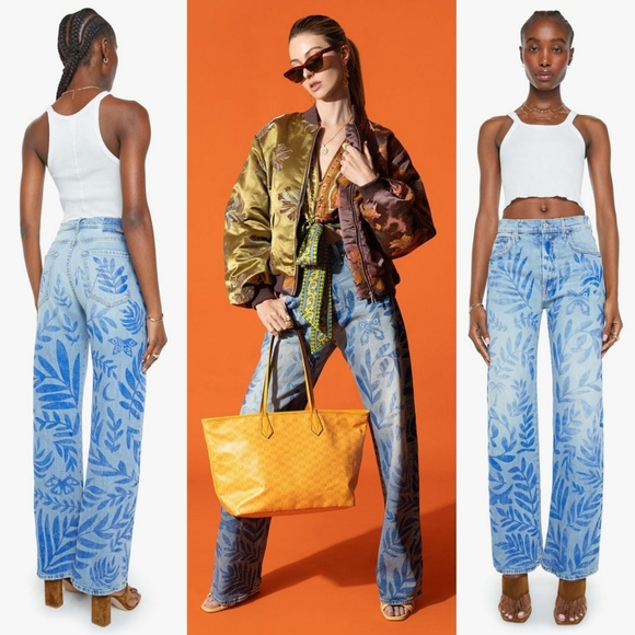 NWT Mother Denim The Lasso Sneak Jeans Pressed Leaves 29 Blue Painted Denim Jean - Picture 2 of 16